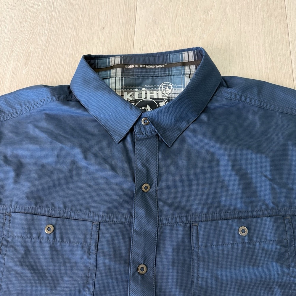 Kuhl Stealth Shirt Mens XL Blue Short Sleeve Button Up Performance Hiking Snap